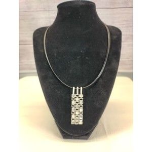 Silvertone and Blue Necklace with Black Multi-strand waxed strands, silver clasp